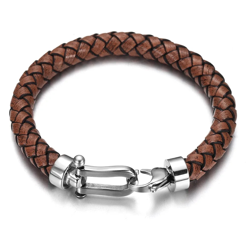 Men'S Classic Bracelet Braided Genuine Leather with 316L Stainless Steel Horseshoe Lobster Clasp Handmade Fashion Men Jewelry