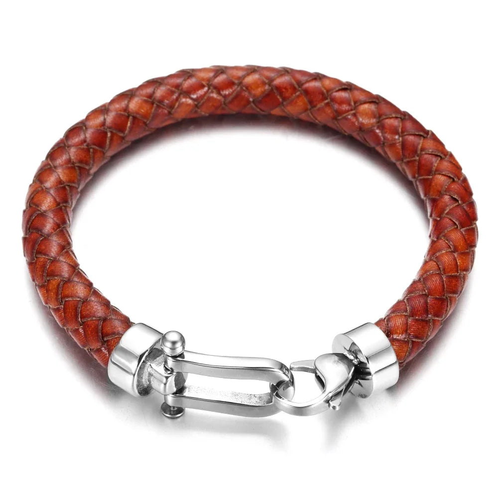 Men'S Classic Bracelet Braided Genuine Leather with 316L Stainless Steel Horseshoe Lobster Clasp Handmade Fashion Men Jewelry