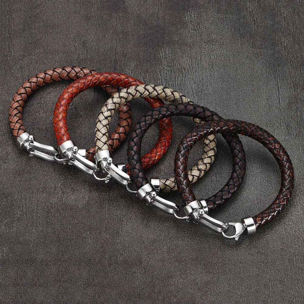 Men'S Classic Bracelet Braided Genuine Leather with 316L Stainless Steel Horseshoe Lobster Clasp Handmade Fashion Men Jewelry