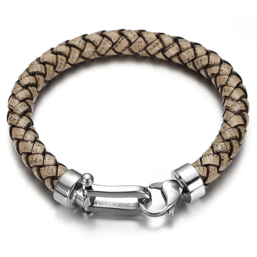 Men'S Classic Bracelet Braided Genuine Leather with 316L Stainless Steel Horseshoe Lobster Clasp Handmade Fashion Men Jewelry
