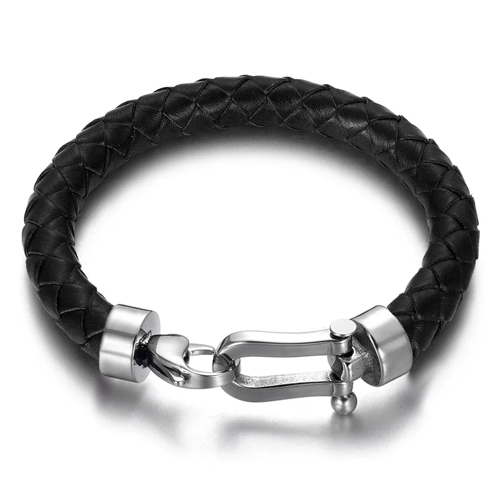 Men'S Classic Bracelet Braided Genuine Leather with 316L Stainless Steel Horseshoe Lobster Clasp Handmade Fashion Men Jewelry