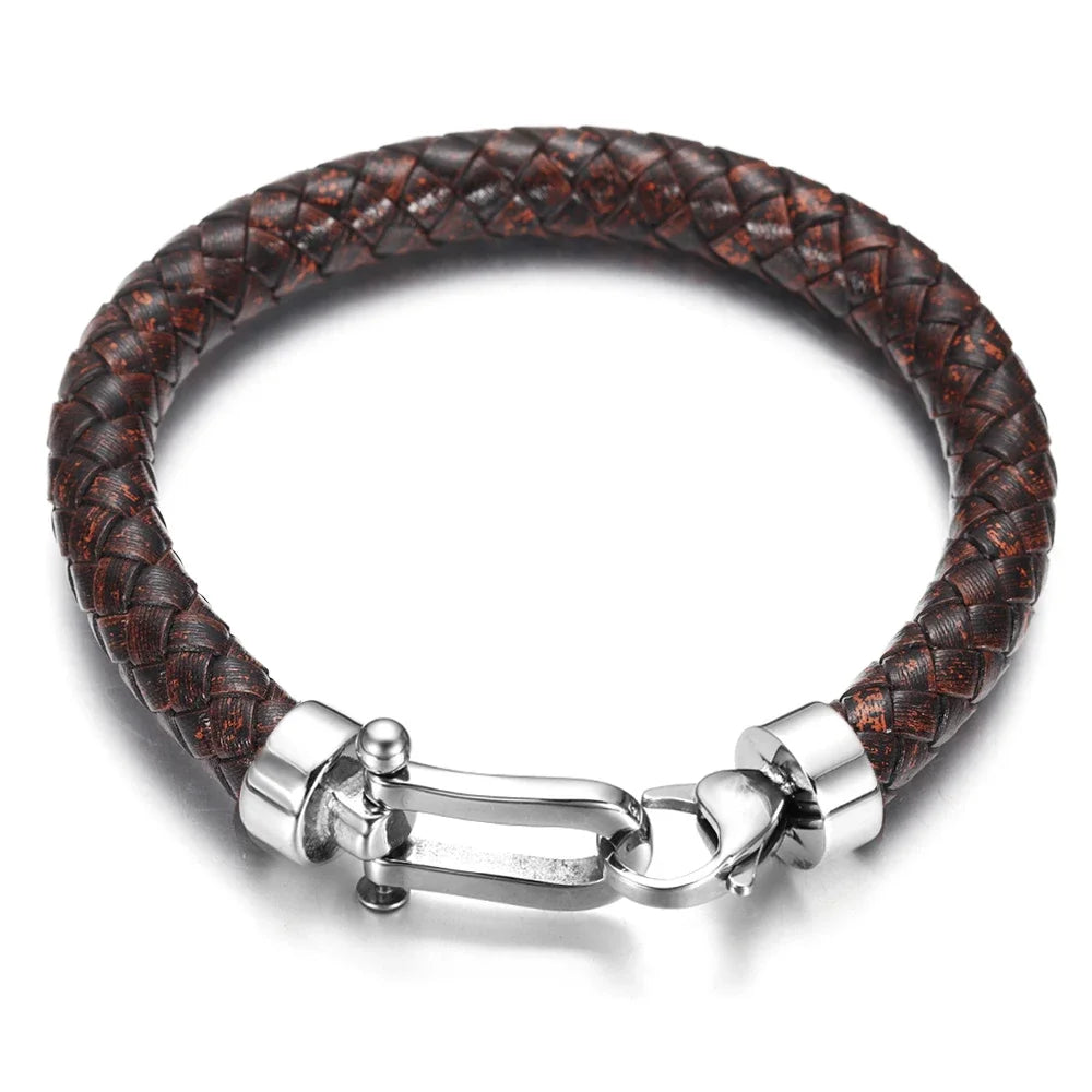 Men'S Classic Bracelet Braided Genuine Leather with 316L Stainless Steel Horseshoe Lobster Clasp Handmade Fashion Men Jewelry