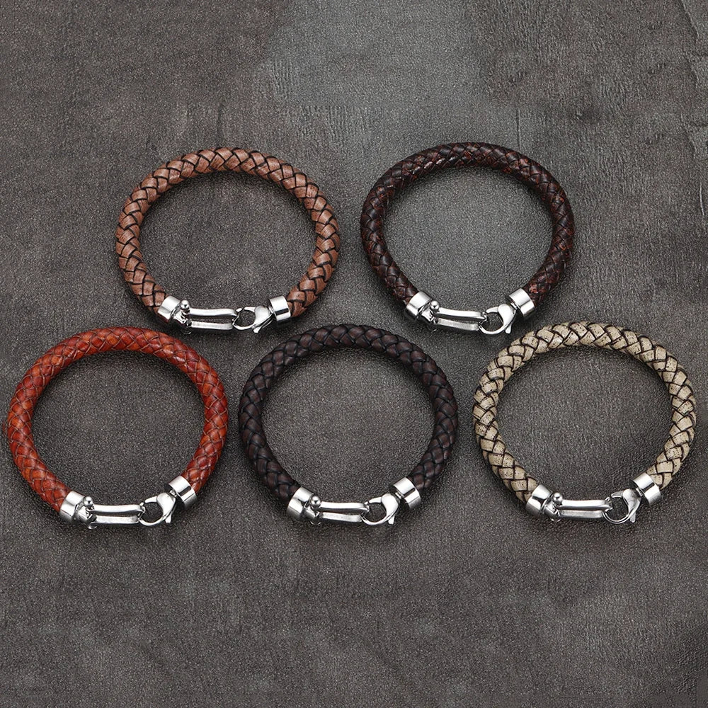 Men'S Classic Bracelet Braided Genuine Leather with 316L Stainless Steel Horseshoe Lobster Clasp Handmade Fashion Men Jewelry