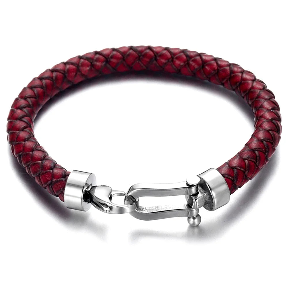 Men'S Classic Bracelet Braided Genuine Leather with 316L Stainless Steel Horseshoe Lobster Clasp Handmade Fashion Men Jewelry