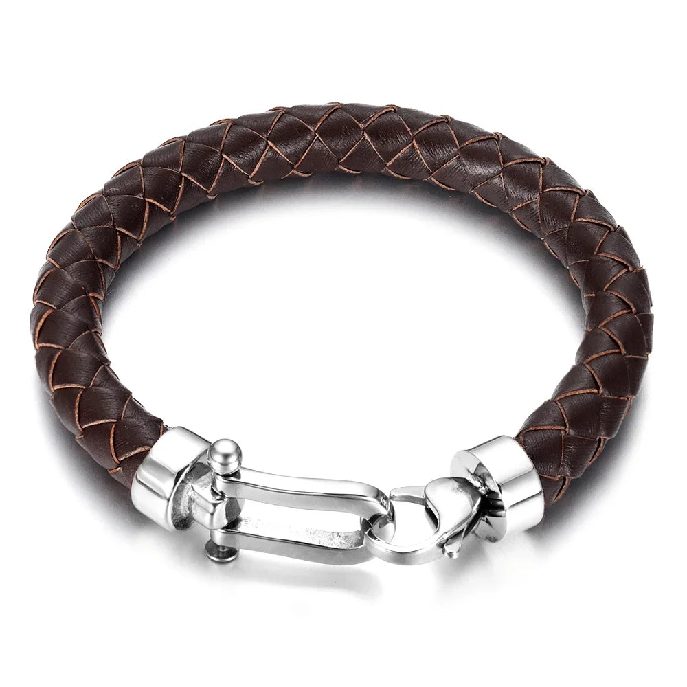 Men'S Classic Bracelet Braided Genuine Leather with 316L Stainless Steel Horseshoe Lobster Clasp Handmade Fashion Men Jewelry